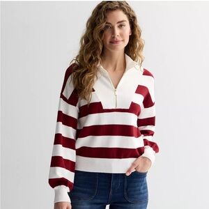 Draper James red and White Striped Quarter-Zip Sweater